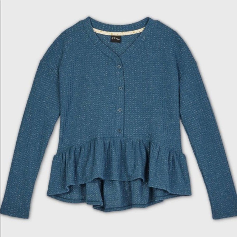 ART CLASS Girls' Henley Peplum Long Sleeve Top Blue